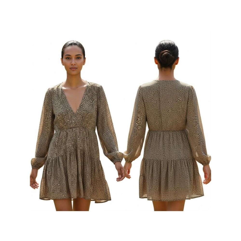 Leopard Print Long Sleeve Mini Dress V Neck Tiered Casual